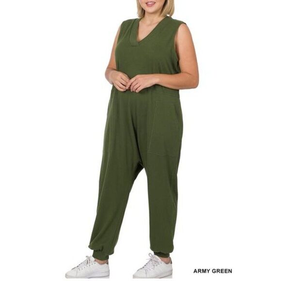 #323Zenana Army Green Sleeveless Harem Jumpsuit Size: 3X w/ Pockets